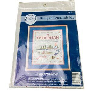 Vintage Cross Stitch Kit "A Fisherman Is A Jerk At One End..." Funny Humor Kit